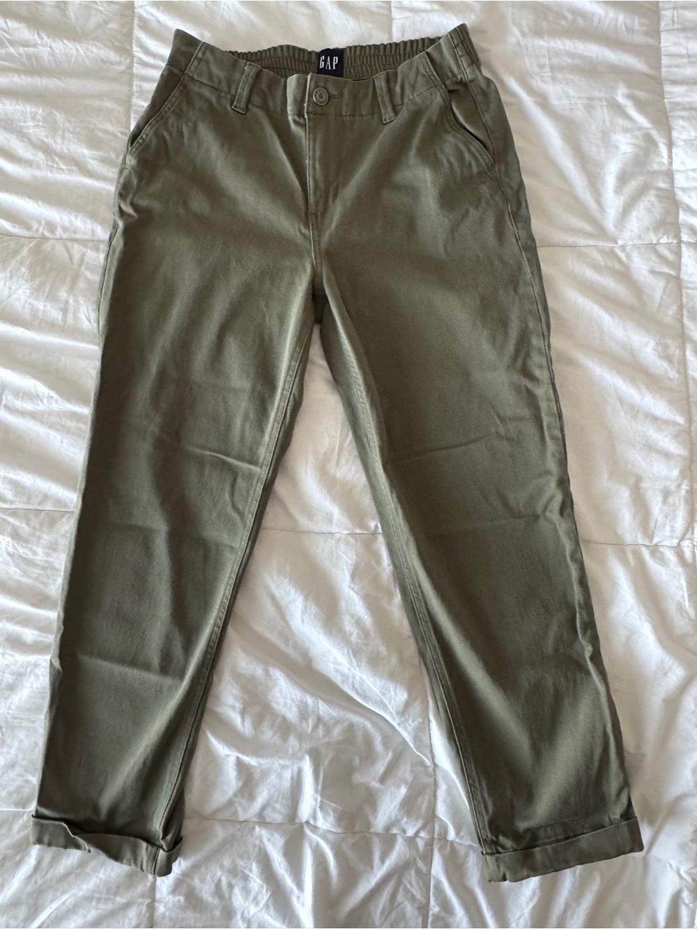 Gap Cotton Stretch Slim Fit Chino Pants Olive Elastic Waist Cropped Size 4 EUC